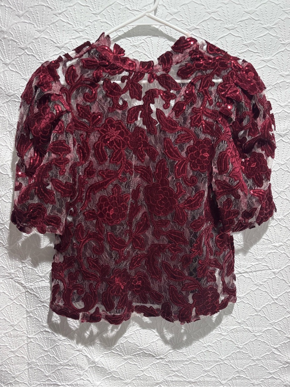 Anthropologie XS Burgundy Sequin Lace Overlay Blouse 2 Piece shirt/Tank Top - Picture 3 of 13